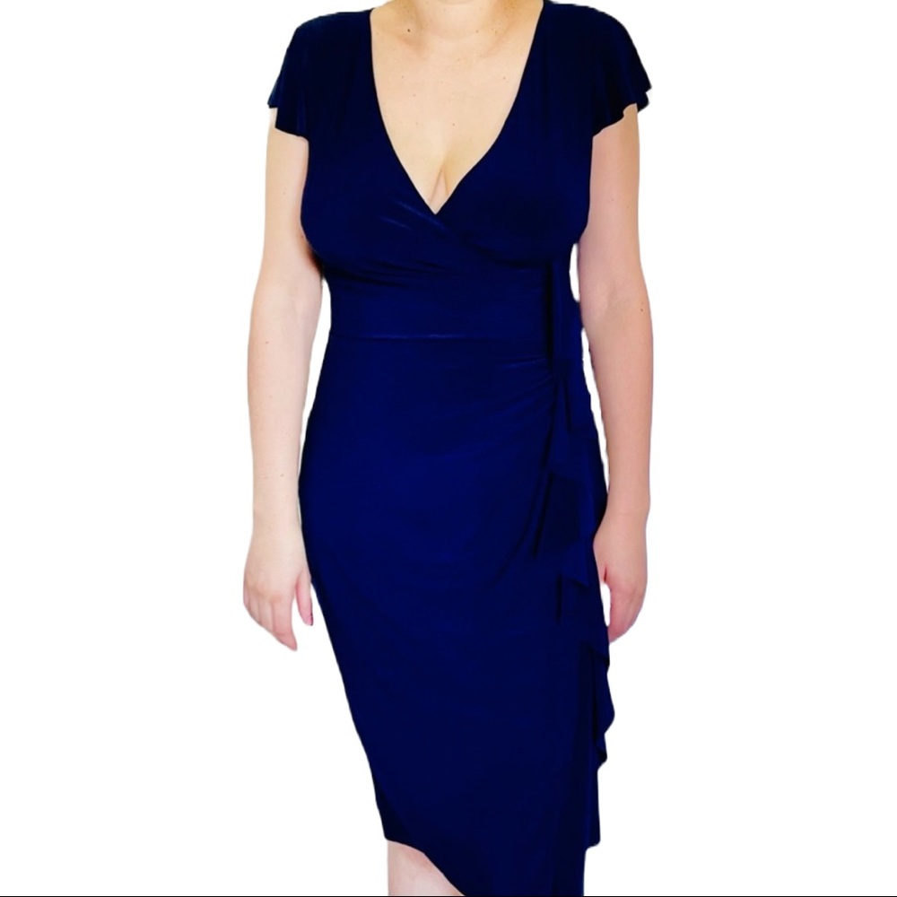 Ralph Lauren Blue Front Ruffle Detail V-Neck Dress